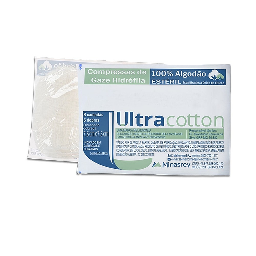Compressas de Gaze Ultra Cotton Hidrófila Esteril com 11 Fios 7,5cm x 7,5cm 10 Unidades